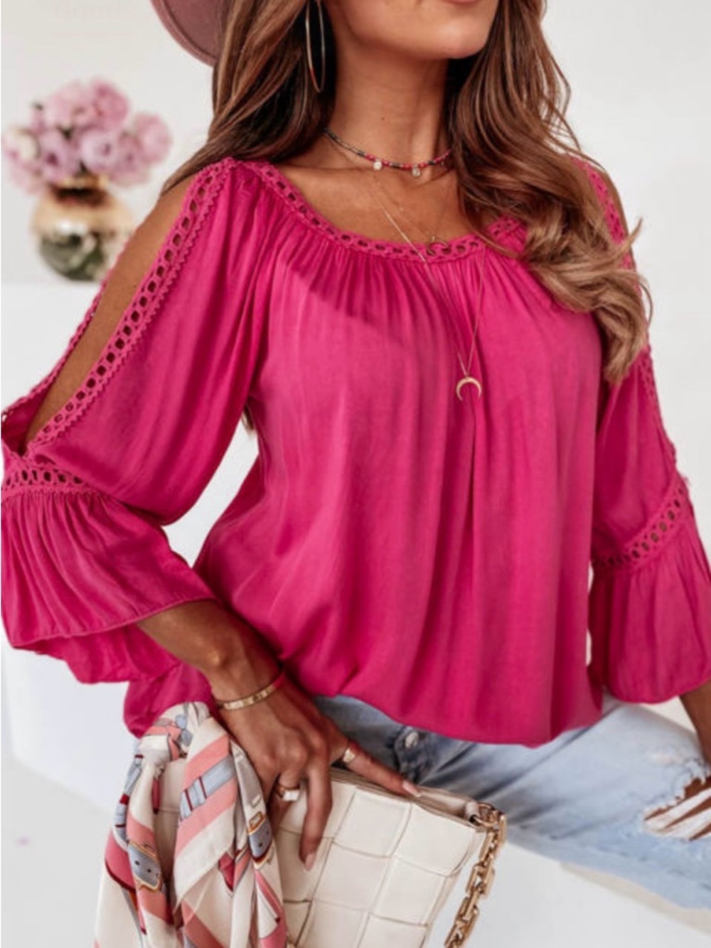 Rose Cut Out Cold-Shoulder Bracelet Sleeve Peasant Blouse